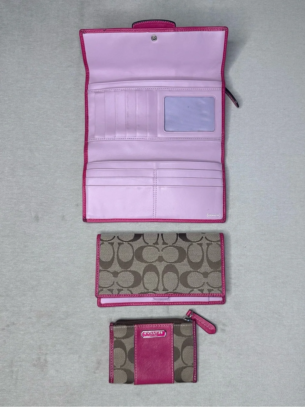 Coach Brown Signature Canvas Wallet & Card Set with Pink Trim